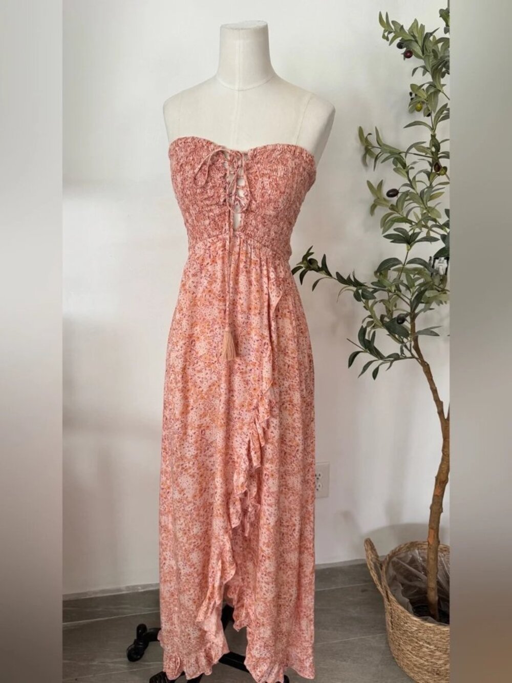 Tiare hawaii   Pink Floral Strapless Smocked Maxi Dress Boho Resort One Size